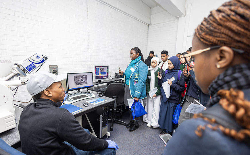 Grade 11 pupils inside the Electron Microscope lab at Wits University